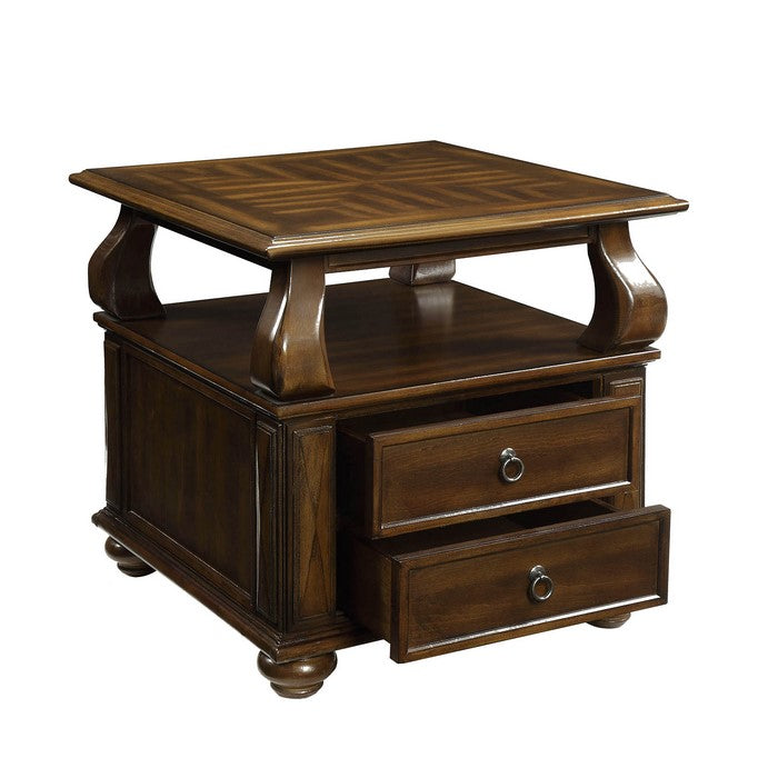 Transitional Wooden End Table with Two Drawers and Open Shelf, Walnut Brown