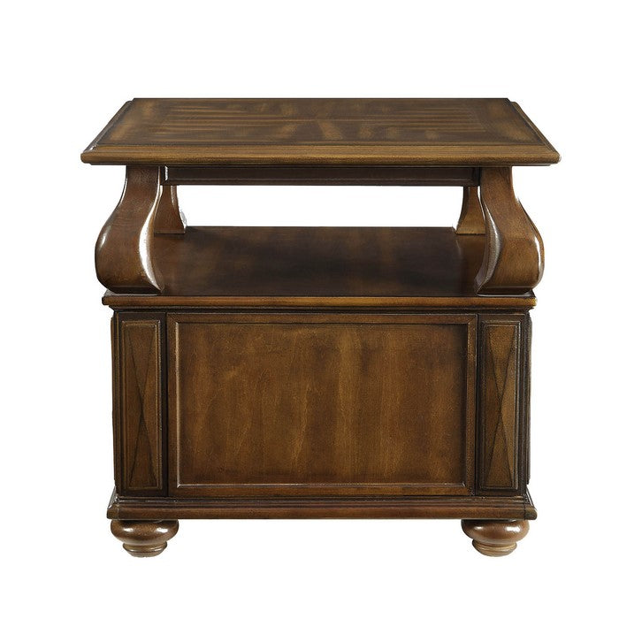 Transitional Wooden End Table with Two Drawers and Open Shelf, Walnut Brown