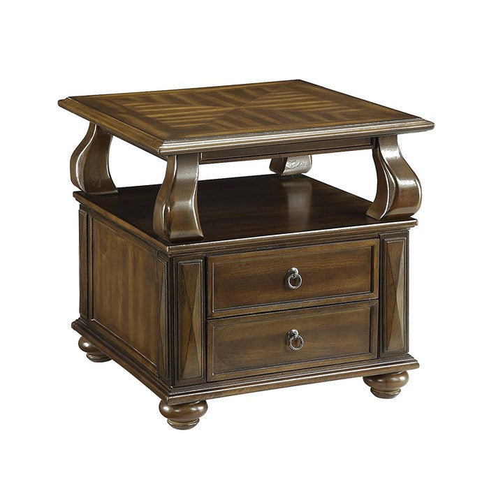Transitional Wooden End Table with Two Drawers and Open Shelf, Walnut Brown
