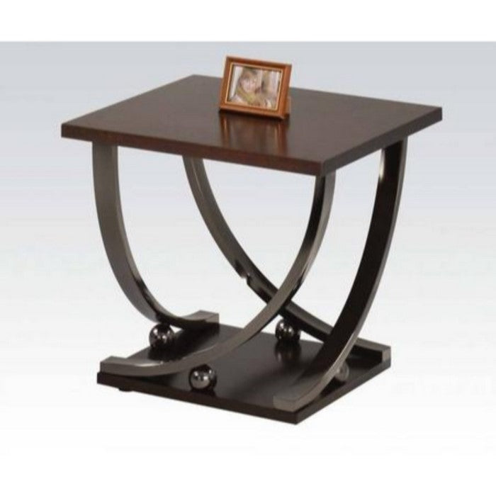23 Inch Wood Top End Table with Curved Metal Legs,Dark Brown
