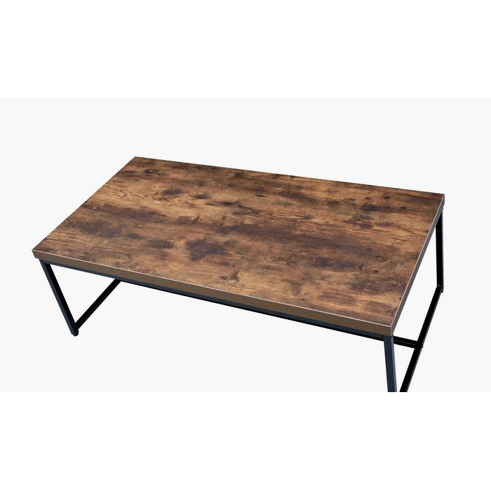 Metal Framed Coffee Table with Wooden Top, Weathered Oak Brown and Black