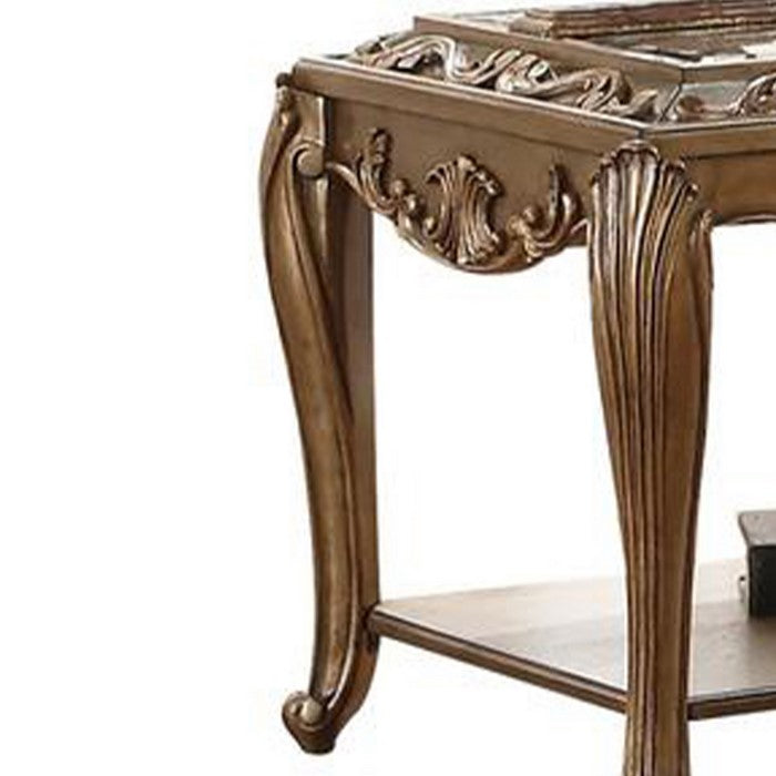 Wooden End Table with One shelf and Beveled Edge Mirrored Top, Antique Gold