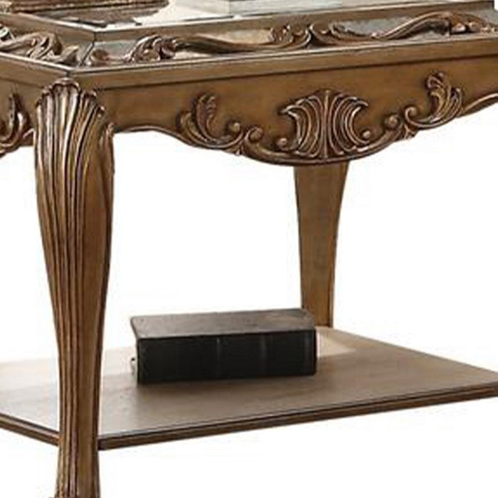 Wooden End Table with One shelf and Beveled Edge Mirrored Top, Antique Gold