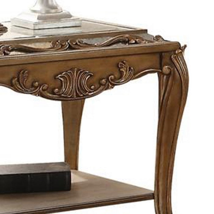 Wooden End Table with One shelf and Beveled Edge Mirrored Top, Antique Gold