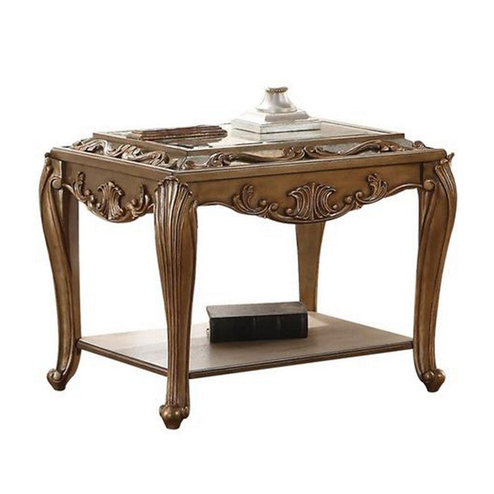 Wooden End Table with One shelf and Beveled Edge Mirrored Top, Antique Gold