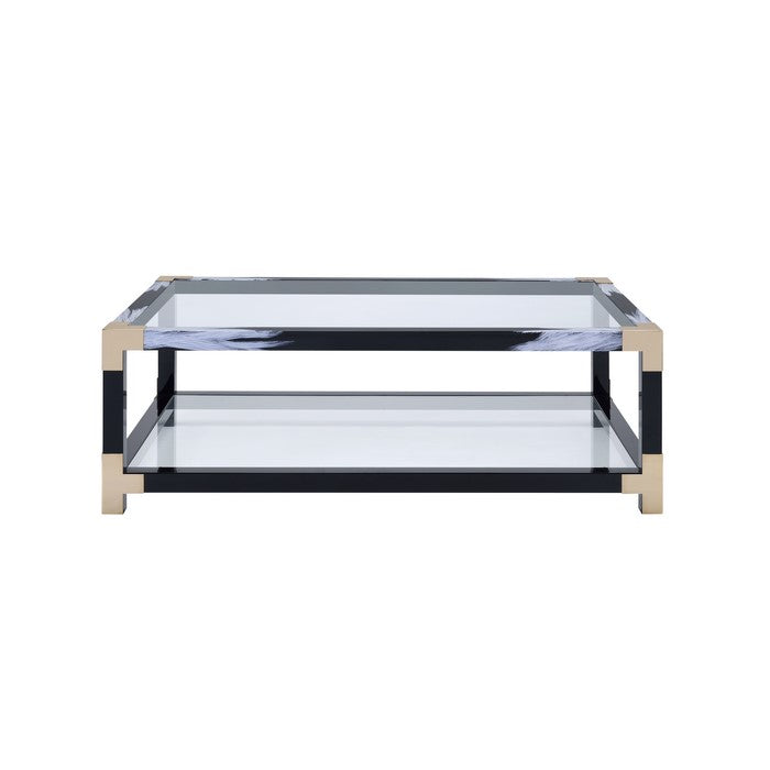 34 Inch Glass Top Rectangular Metal Coffee Table, Black