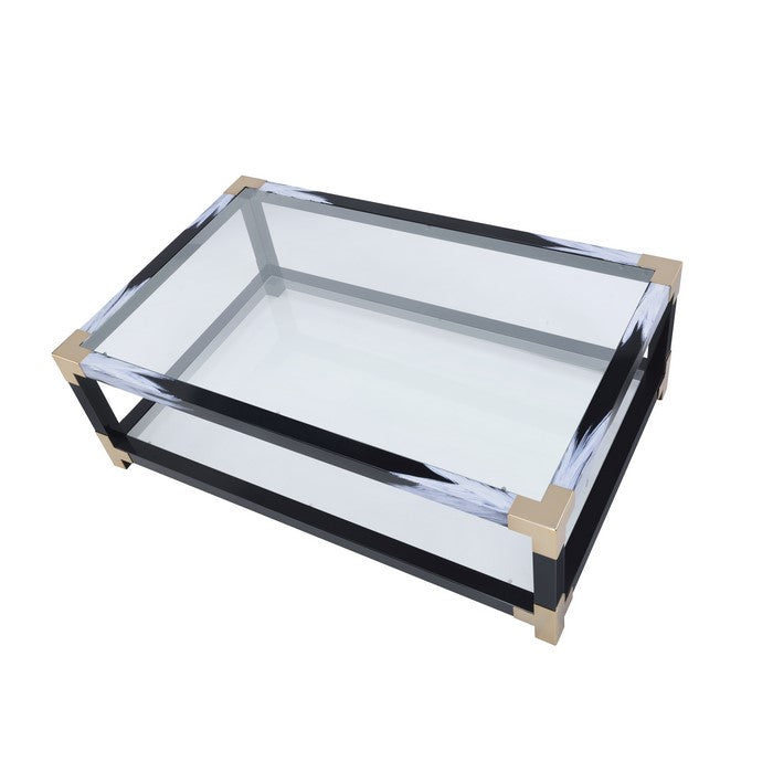 34 Inch Glass Top Rectangular Metal Coffee Table, Black