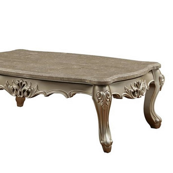 Marble Top Wooden Coffee Table with Queen Anne Style Legs, Champagne Gold