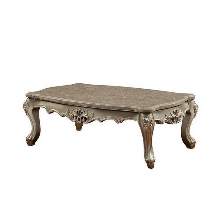 Marble Top Wooden Coffee Table with Queen Anne Style Legs, Champagne Gold