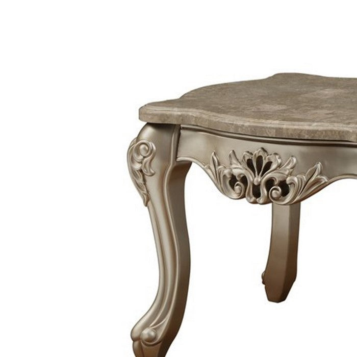 Marble Top Wooden End Table with Queen Anne Style Legs, Champagne Gold