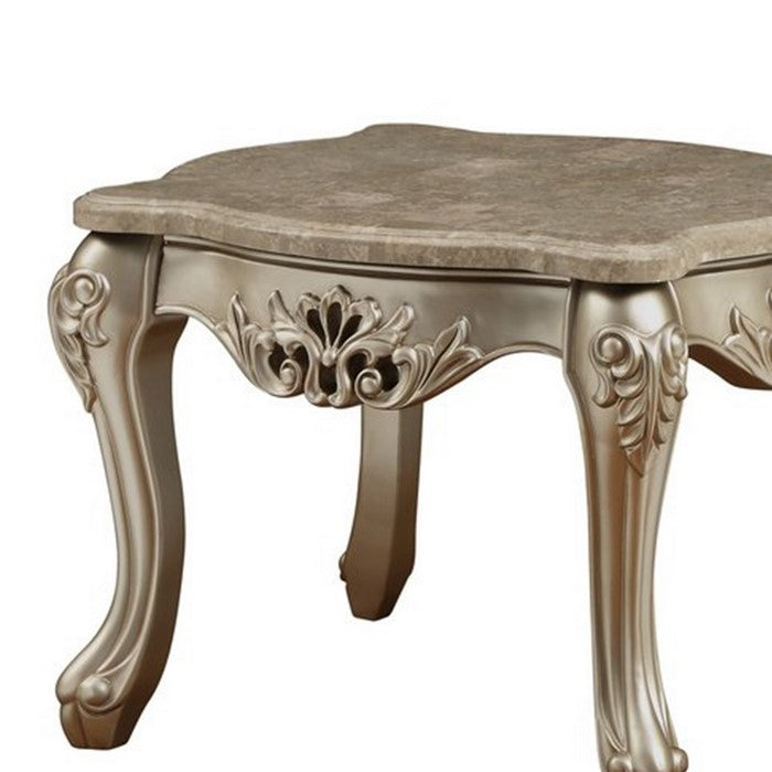 Marble Top Wooden End Table with Queen Anne Style Legs, Champagne Gold