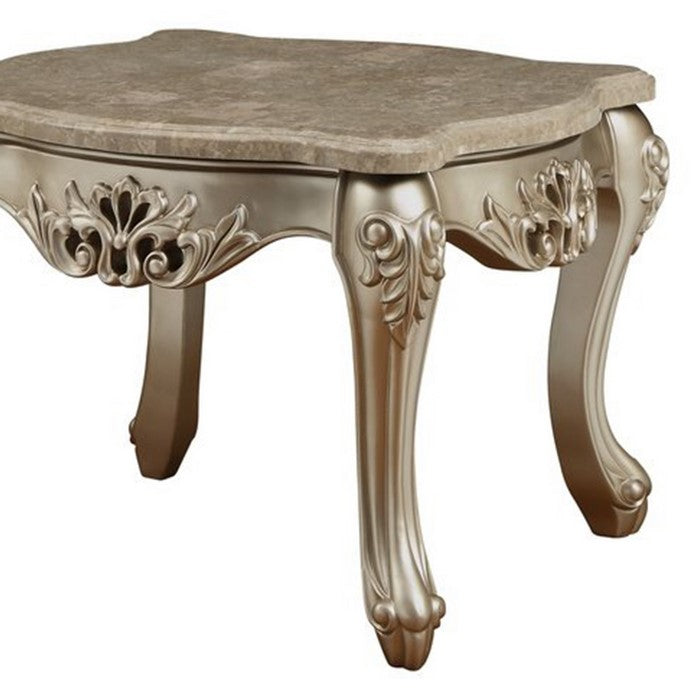 Marble Top Wooden End Table with Queen Anne Style Legs, Champagne Gold