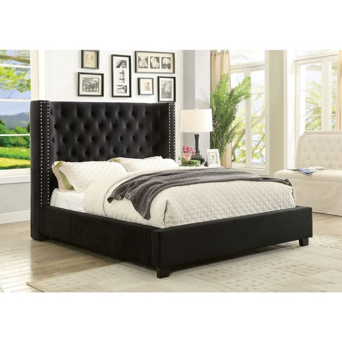Solid Wood California King Size Bed with Padded Wingback Headboard, Black