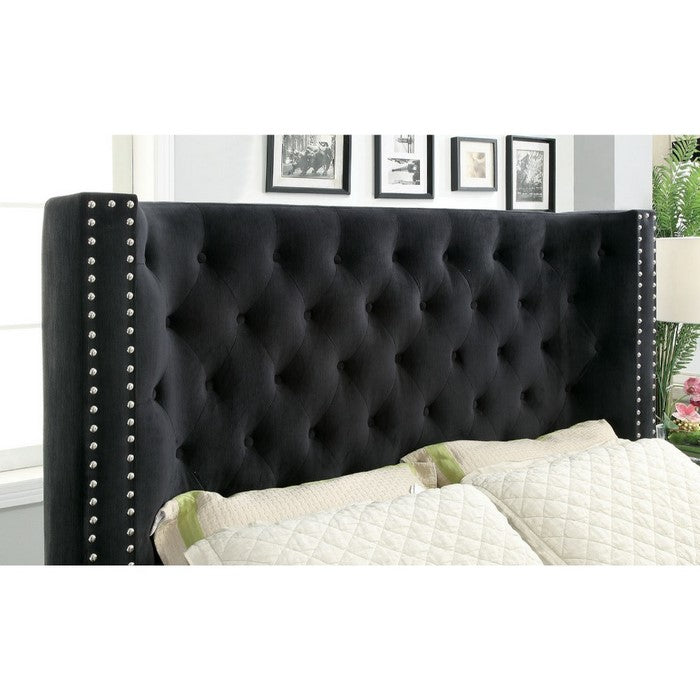 Solid Wood Queen Size Bed with Padded Wingback Headboard, Black