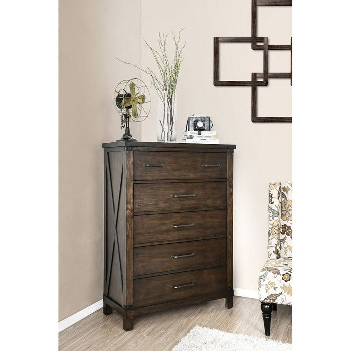 Five Drawer Solid Wood Chest with Metal Bar Handle, Walnut Brown