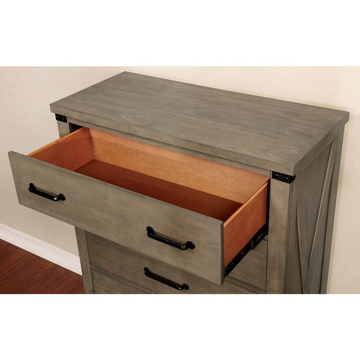 Three Drawer Solid Wood Nightstand with Crossed Planked Side Panels, Gray