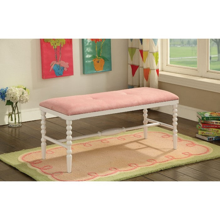 Fabric Upholstered Bench with Metal Beaded Feet, White And Pink
