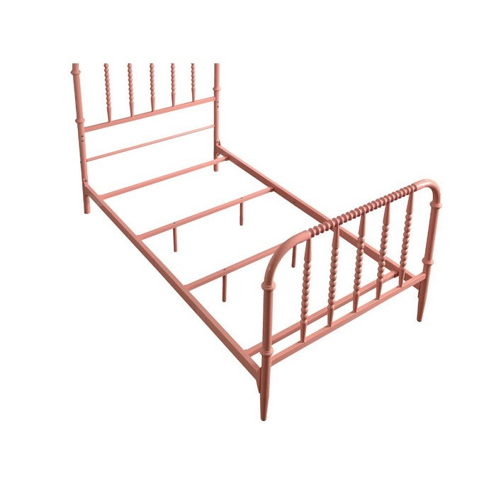 Metal Full Bed with Beaded Headboard And Footboard Design, Pink