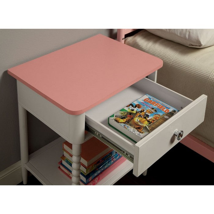Solid Wood and Metal Nightstand With Spacious Storage, White and Pink