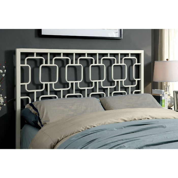 California King Metal Bed with Geometric Pattern Headboard And Footboard, White