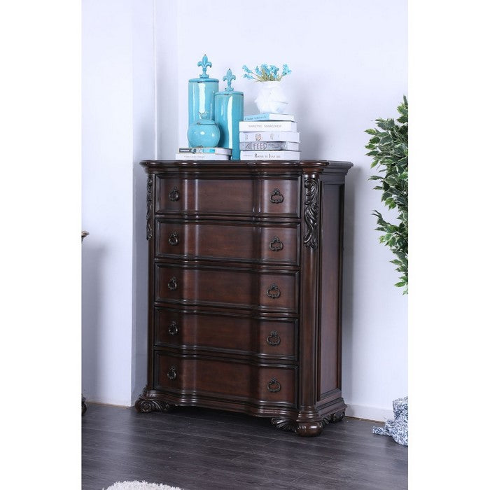 Five Drawer Solid Wood Chest with Floral Trim Accent, Cherry Brown