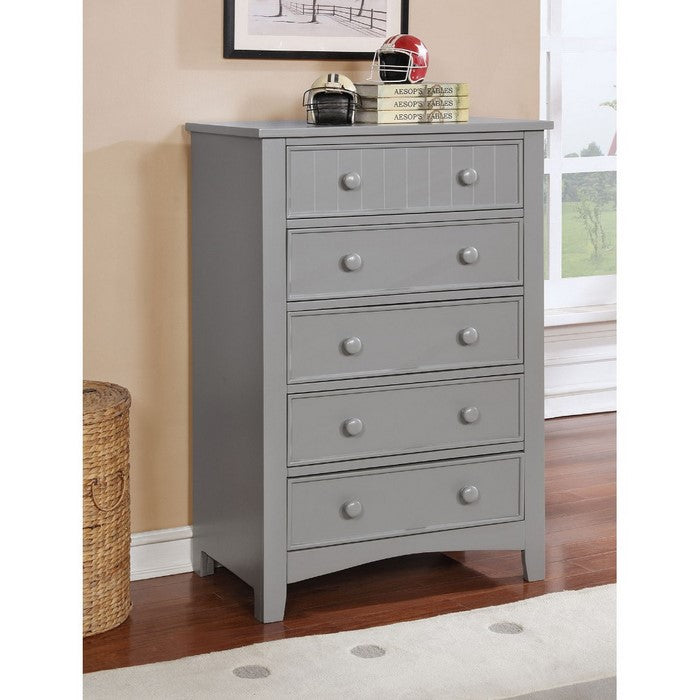 Solid Wood Five Drawer Chest with Round Knob Pull, Gray