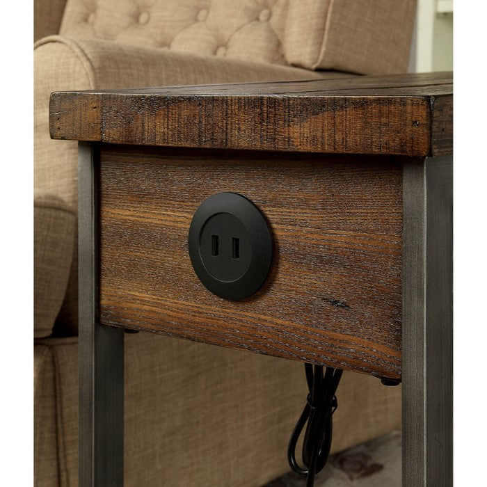 Rectangular Wood and Metal Side Table with USB Outlet, Brown and Gray