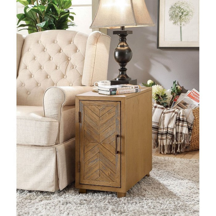 Solid Wood One Door Side Table with Metal Bar Handle, Light Oak Brown