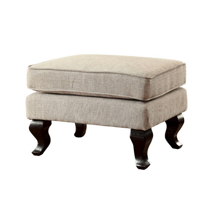 Fabric Upholstered Wooden Ottoman with Cabriole Feet, Beige and Brown