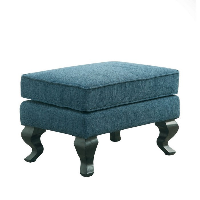Fabric Upholstered Wooden Ottoman with Cabriole Feet, Teal Blue