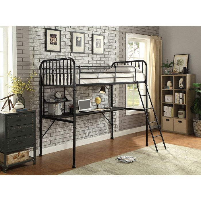 Metal Bunk Bed with Shelf Workstation And Attached Ladder, Black
