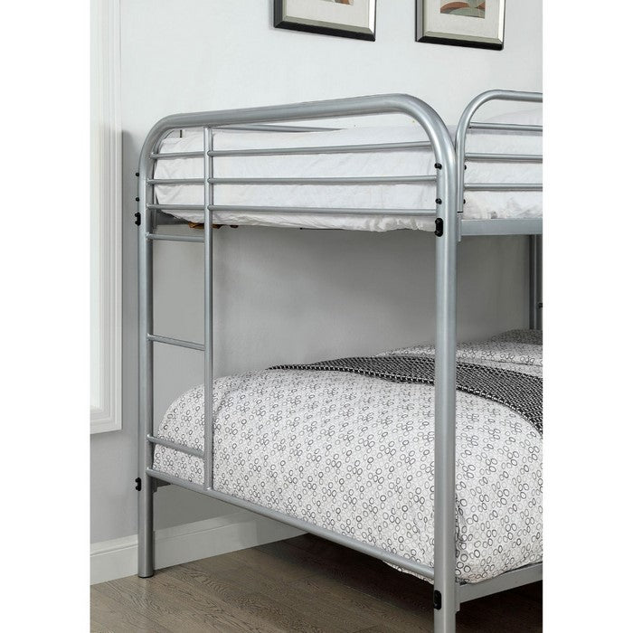 Metal Full Over Full Bunk Bed with Attached Side Rails And Side Ladders, Silver