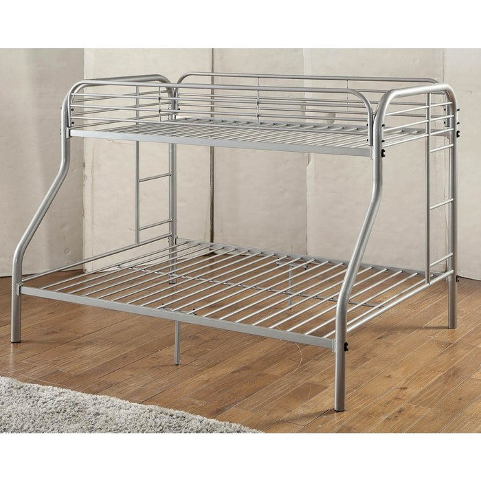 Metal Twin Over Full Bunk Bed with Attached Side Rails And Side Ladders, Silver