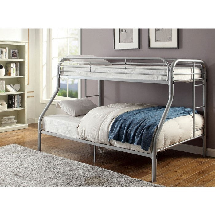 Metal Twin Over Full Bunk Bed with Attached Side Rails And Side Ladders, Silver