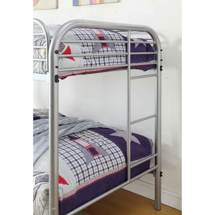 Metal Twin Over Twin Bunk Bed with Attached Side Rails And Side Ladders, Silver