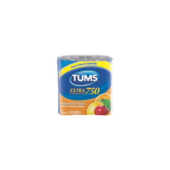 Tums Extra Strength 750, Assorted Fruit, 3 Rolls - 24 Tablets per Pack (Pack of 4)