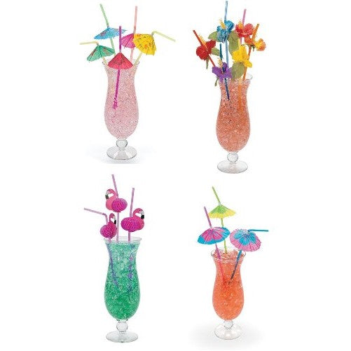 4 Dozen Assorted Tropical Drinking Straws Luau Wedding Hawaiian Umbrella Flamingo Flower