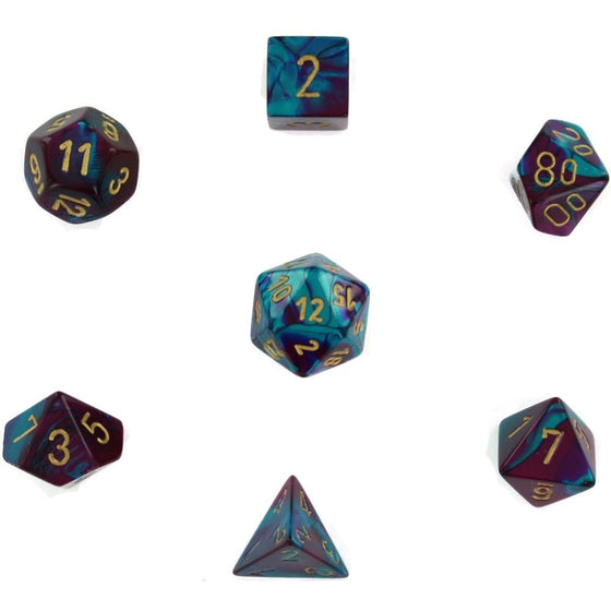 Chessex Manufacturing Cube Gemini Set Of 7 Dice - Purple & Teal With Gold Numbering CHX-26449