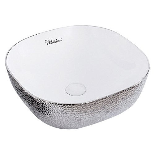 Whitehaus Collection WH71301-F21 Isabella Plus Collection Square above Mount Basin with an Embossed Exterior, Smooth Interior, and Center Drain, White/Silver