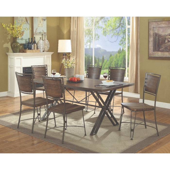 Modern Style Wooden Dining Table With Cross Legs Metal Base, Gray and Brown