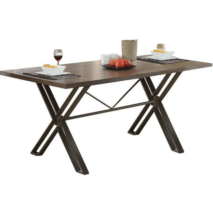 Modern Style Wooden Dining Table With Cross Legs Metal Base, Gray and Brown