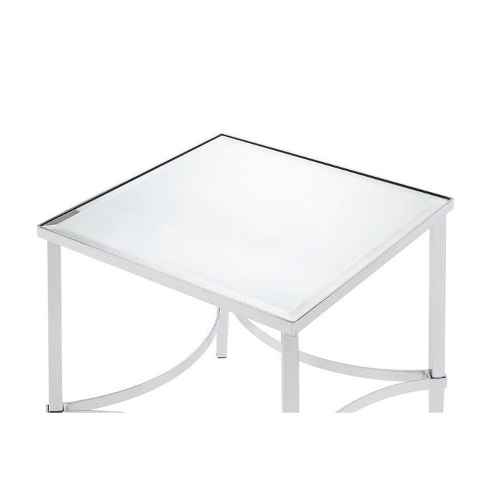 Modern Style Square Metal Frame End Table with Mirrored Top, Silver