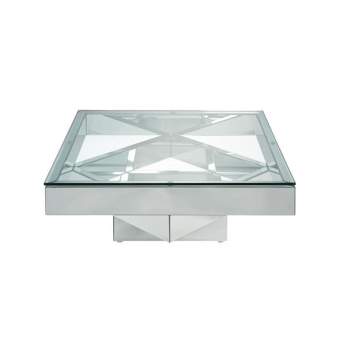 Square Glass and Mirror Coffee Table with Pedestal Base, Silver and Clear
