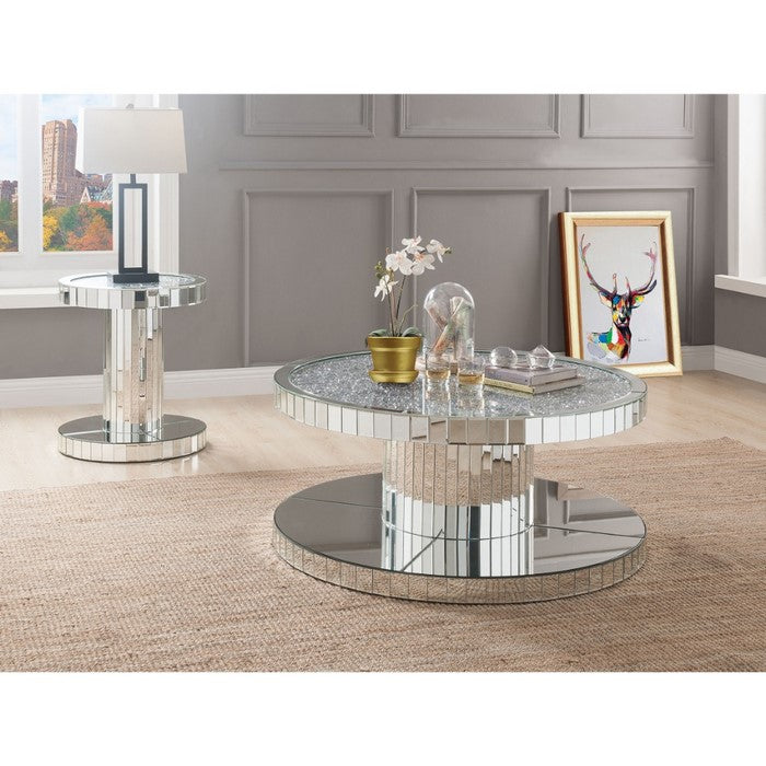 Modern Style Round Mirror Coffee Table with Glass and Faux Stones Top, Silver