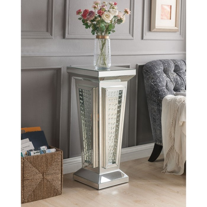 Glass Top Pedestal Stand with Mirror Panel and Faux Crystal, Silver