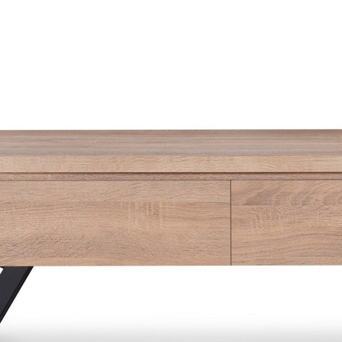 Transitional Rectangular Wooden Coffee Table With 2 Drawers, Brown and Black