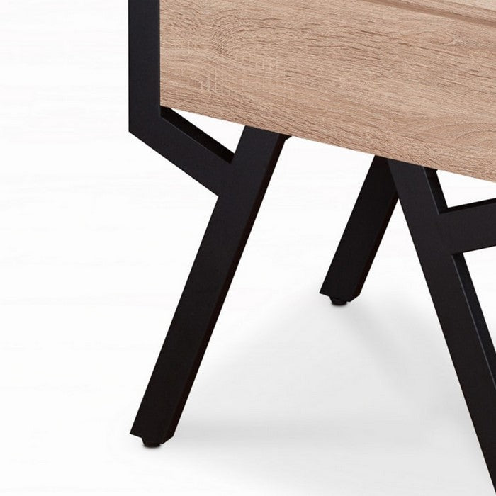 Transitional Square Wood and Metal End Table With 1 Drawer, Brown and Black