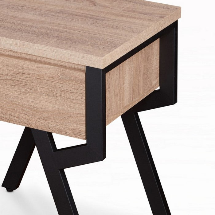 Transitional Square Wood and Metal End Table With 1 Drawer, Brown and Black