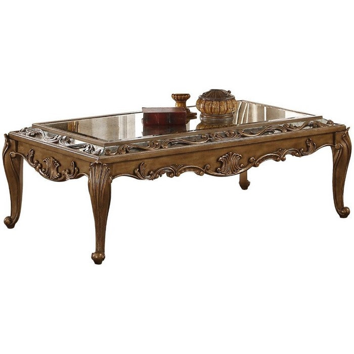 Traditional Rectangular Wooden Coffee Table With Mirrored Top, Gold