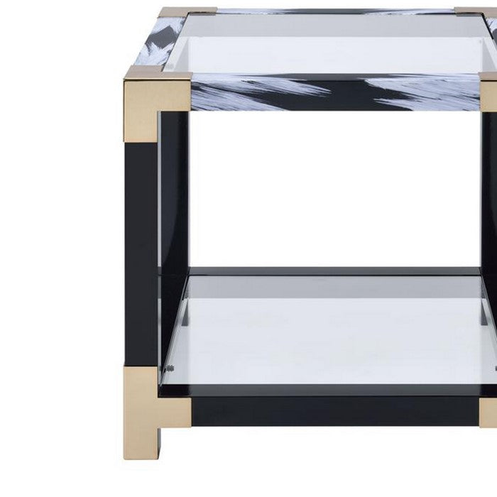 34 Inch Glass Top Rectangular Metal End Table, Black